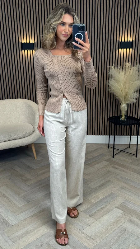 Vintage-Inspired Style Offers Gianna Beige Linen Effect Wide Leg Trousers