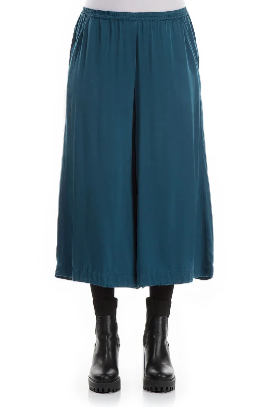 Evening Elegance Wide Cropped Peacock Blue Silk Trousers