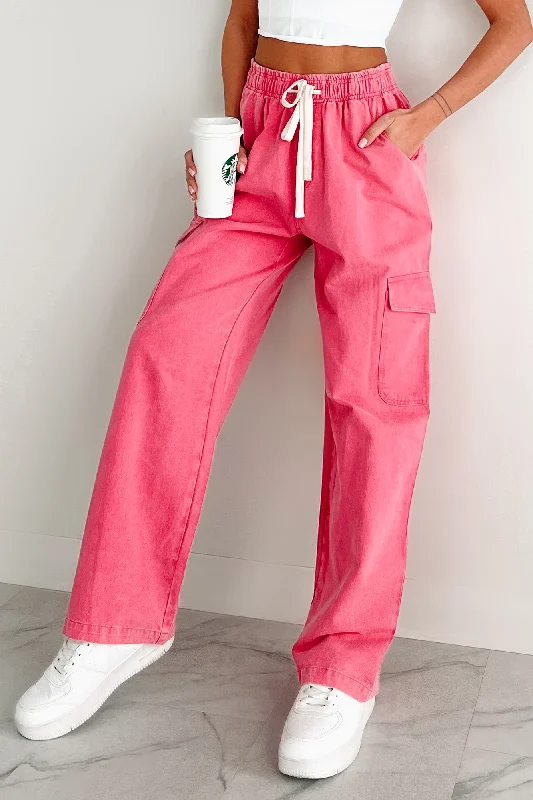 Vibrant Style Promotions Johnny Washed Drawstring Waist Cargo Pants (Pink)