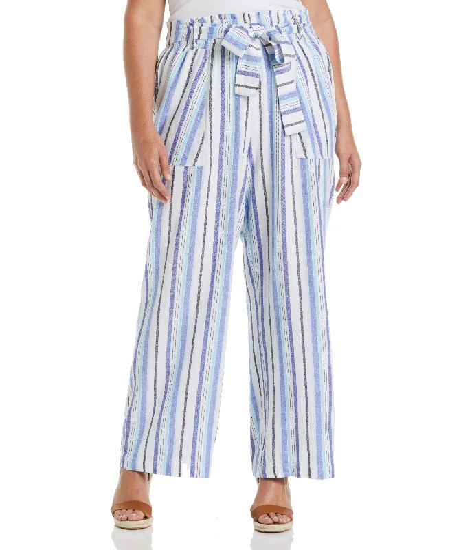 Classy Style Discounts Plus Size Stripe Wide Leg Linen Blend Paper Bag Pant