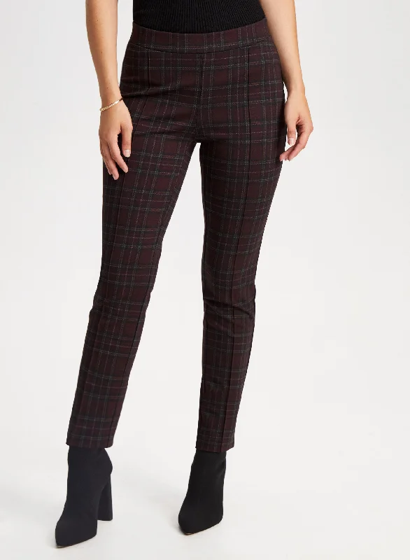 Chic And Trendy Pull-On Plaid Motif Pants