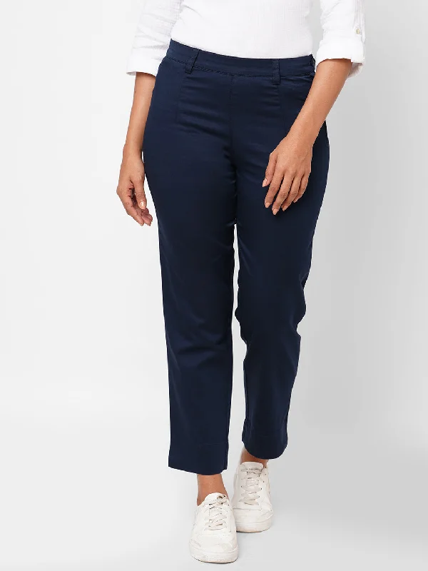 Limited Stock Women's Navy Cotton Lycra Regular Fit Pant