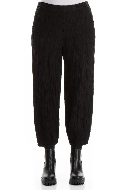 Summer Fashion Elegant Taper Crinkled Black Silk Trousers