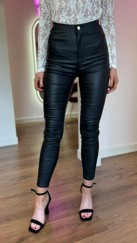 Best Deals Of The Season Theodora Black Leather Look Gold Button Detail Trousers