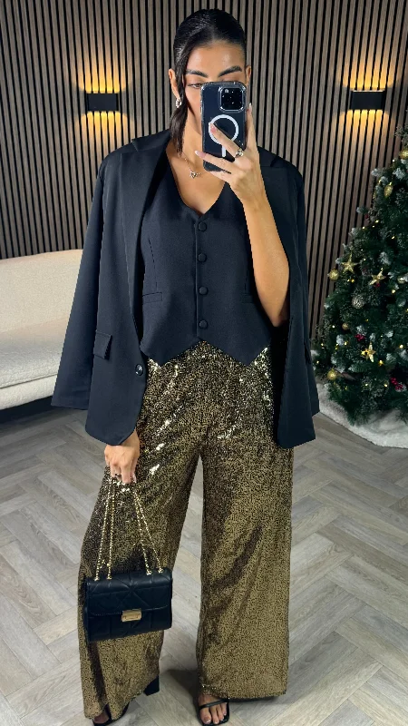 Insane Discount Onslaught Tilly Gold Glitter Detail Wide Leg Trousers